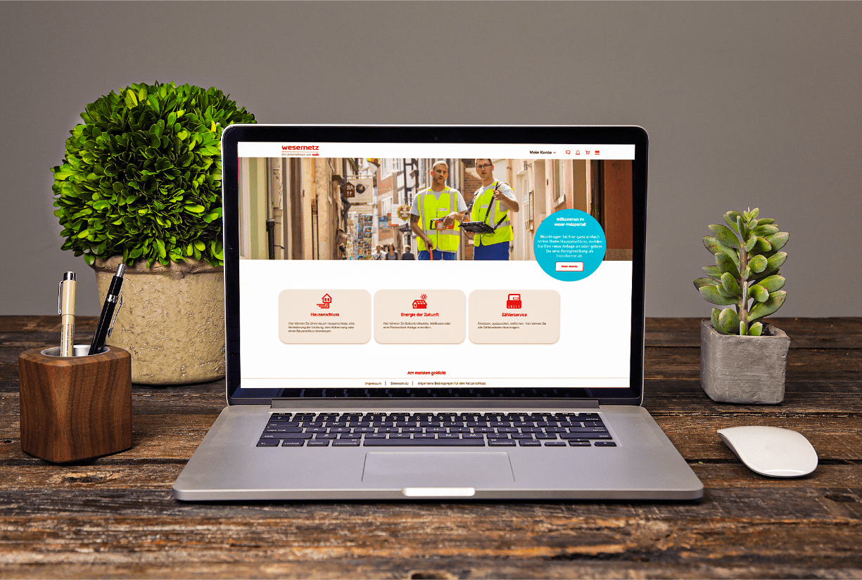 Laptop mit Netzportal wesernetz steht auf rustikalem Tisch mit Pflanzen und Stiften daneben