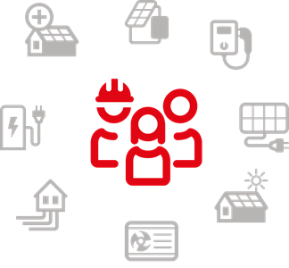Netzportal-Icons mit drei roten Mitarbeitenden und acht grauen Symbolen für Fachbereiche