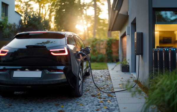 Ein schwarzes Auto lädt an der Wallbox eines modernen Einfamilienhauses