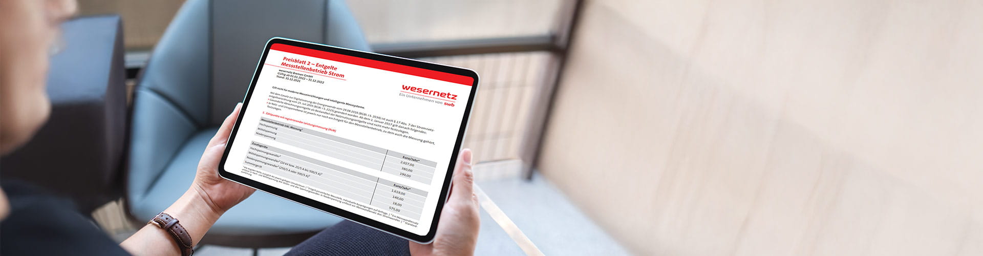 Ein Mann liest auf einem Tablet Infos zum Preisblatt für Netzentgelte