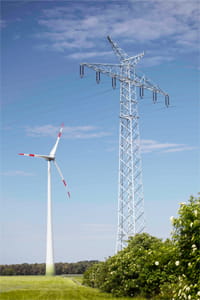 Inhaltsbild Redispatch 2.0 Windkraftanlagen und Strommasten in einem Feld, umgeben von grüner Landschaft und klarem Himmel