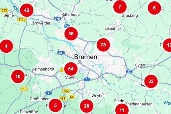 Karte von Bremen und Umgebung, Anzahl verfügbarer Installateure ist markiert