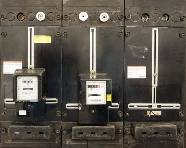 Stromzählerplatz mit schwarzem Stahlrahmen und veralteten Keramiksicherungen