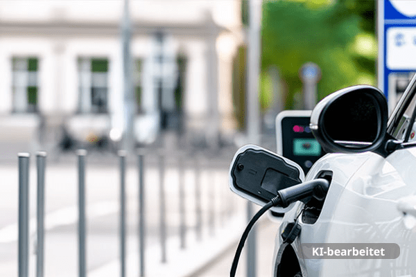 weißes Elektroauto während des Ladens an einer Ladesäule 