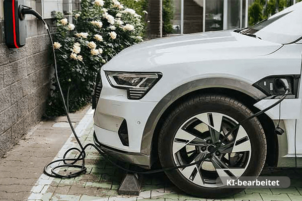 weißes Elektroauto an Ladesäule aus Seitenansicht