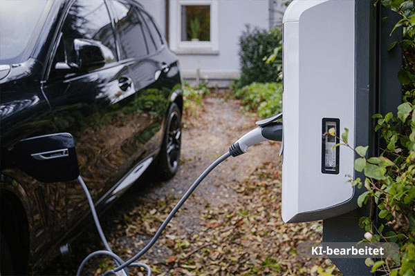 schwarzes Elektroauto in einer Einfahrt angeschlossen an eine weiße Ladesäule