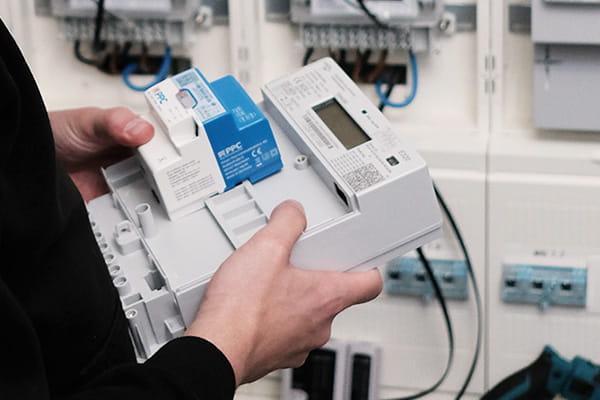 Ein Mitarbeiter installiert ein Smart-Meter auf einer modernen Messeinrichtung, wodurch diese zu einem intelligenten System wird