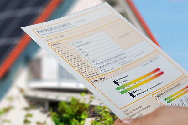 Ein Energieausweis für ein Haus, das im Hintergrund steht und PV-Anlagen auf dem Dach hat