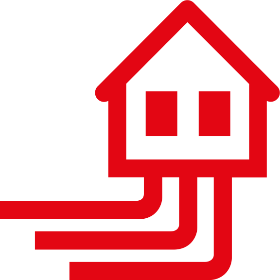 Rotes Piktogramm eines Haus mit Hausanschlusskabeln