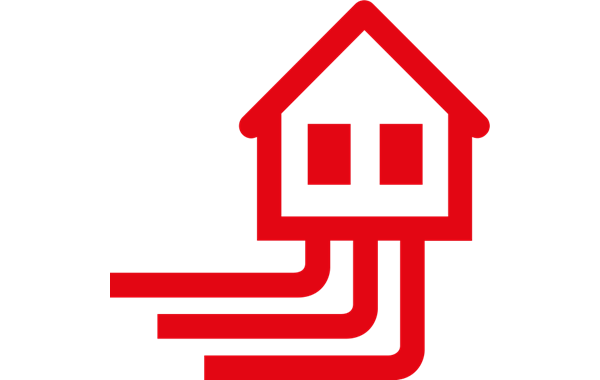 Rotes Piktogramm eines Haus mit Hausanschlusskabeln