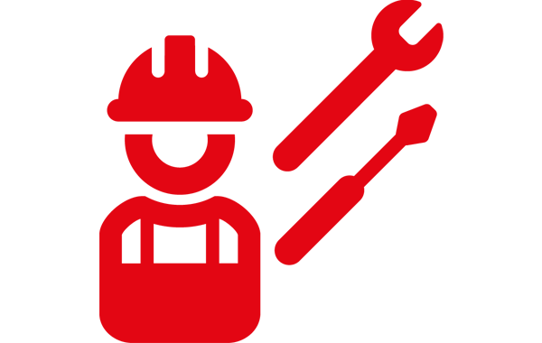 Rotes Piktogramm von Person mit Werkzeug als Symbol für Zusammenarbeit von Installateuren mit wesernetz
