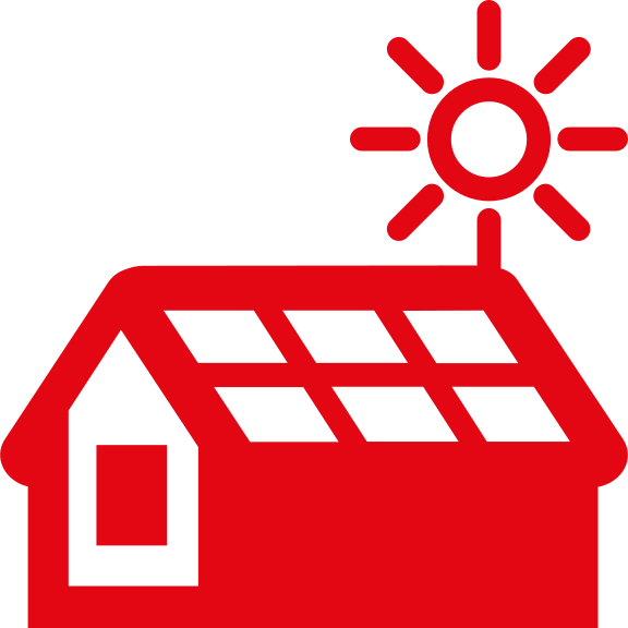 Rotes Piktogramm eines Hauses mit Photovoltaikanlage und Sonne 