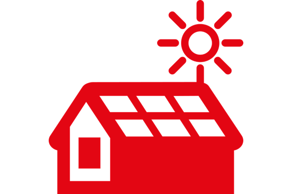 Rotes Piktogramm eines Hauses mit Photovoltaikanlage und Sonne