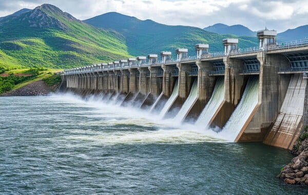 Ein großes Wasserkraftwerk mit einer massiven Staumauer lässt Wasser durch mehrere Schleusen abfließen, umgeben von grünen Bergen und einem breiten Fluss.