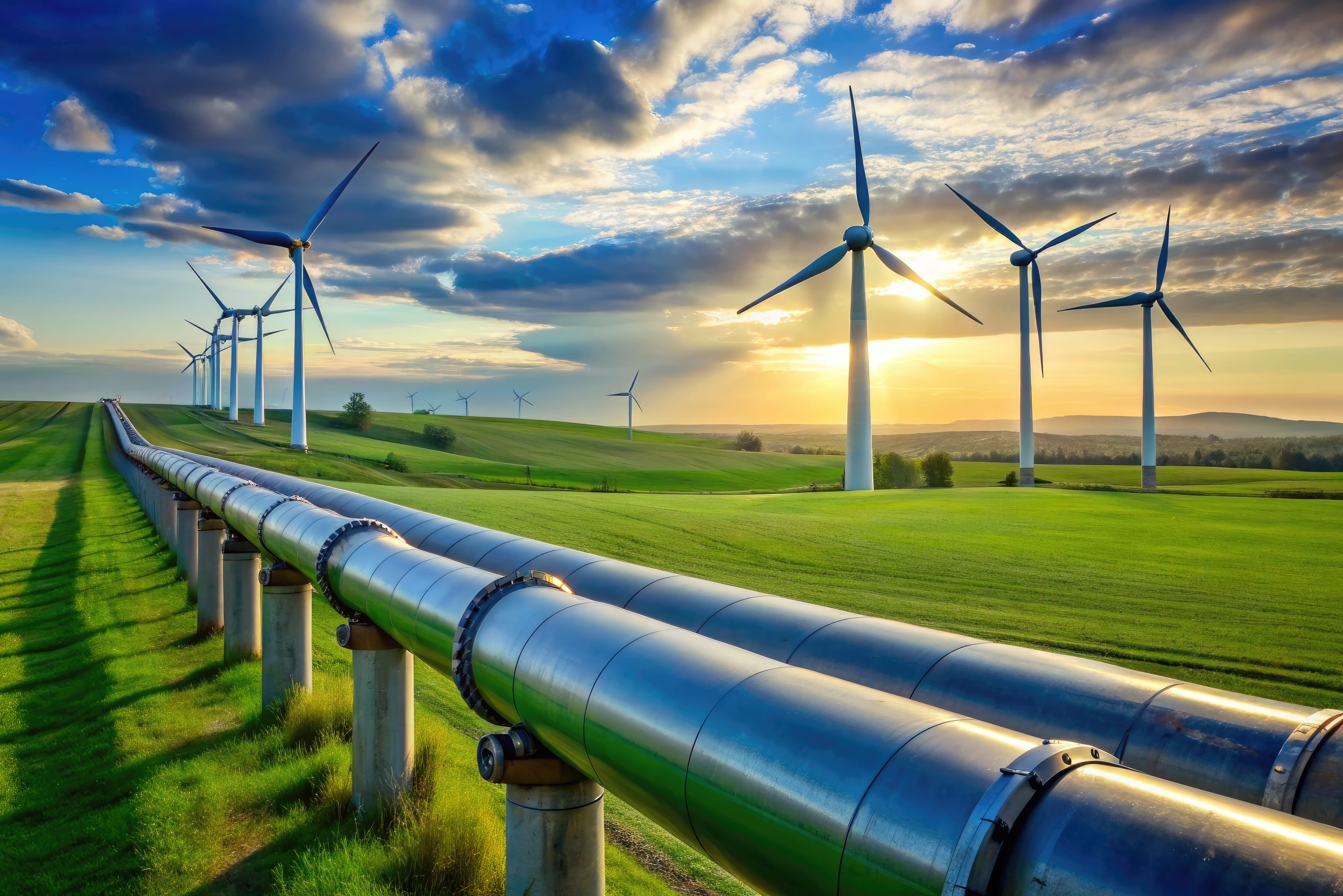 Wasserstoff Pipeline auf einem Feld mit Windrädern
